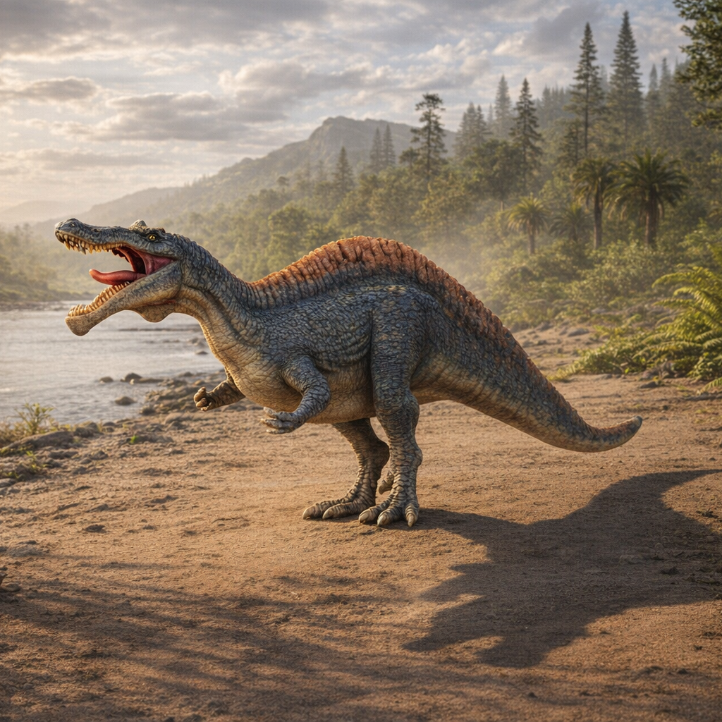 A Suchomimus prehistoric dinosaur standing on a riverbank with trees, ferns, and mountains in the background.