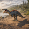 A Suchomimus prehistoric dinosaur standing on a riverbank with trees, ferns, and mountains in the background.