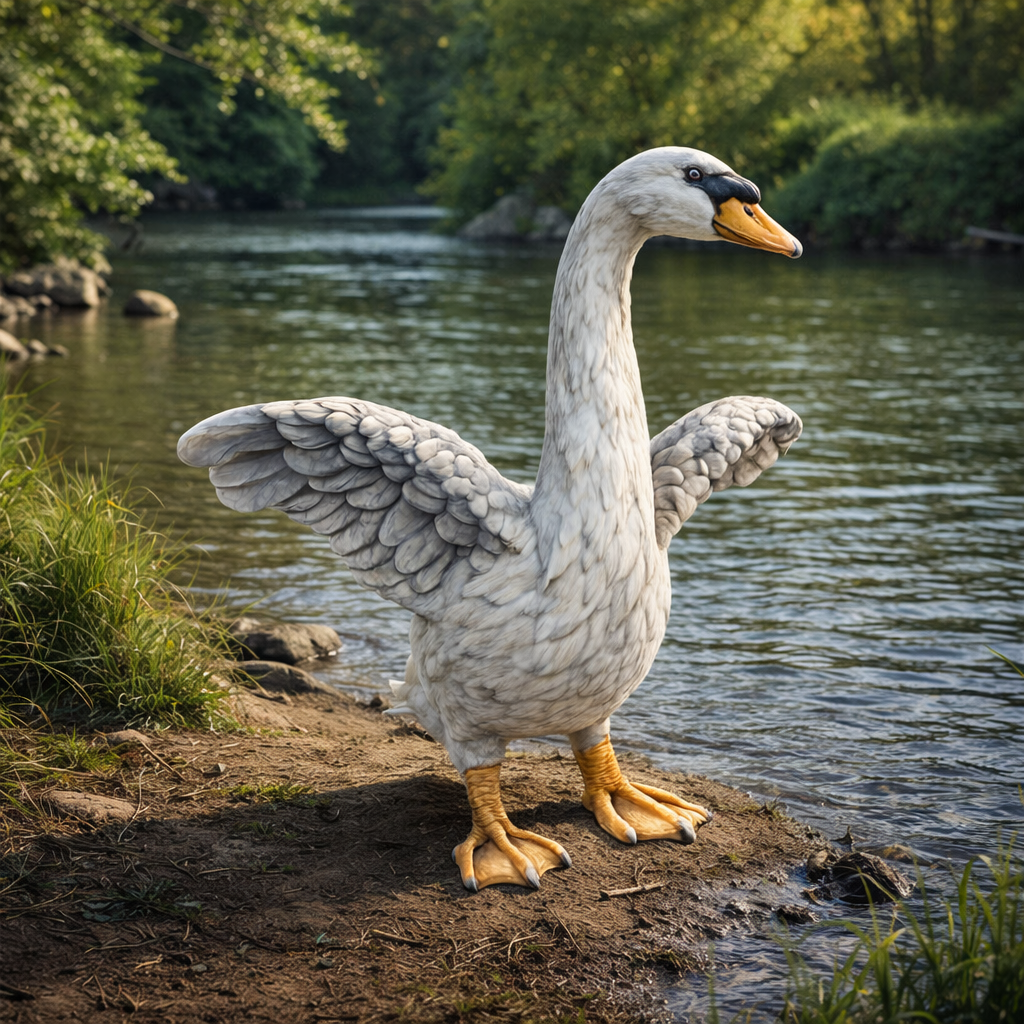 A white Swan with yellow beak and feet stands on a muddy riverbank with water and green trees in the background.