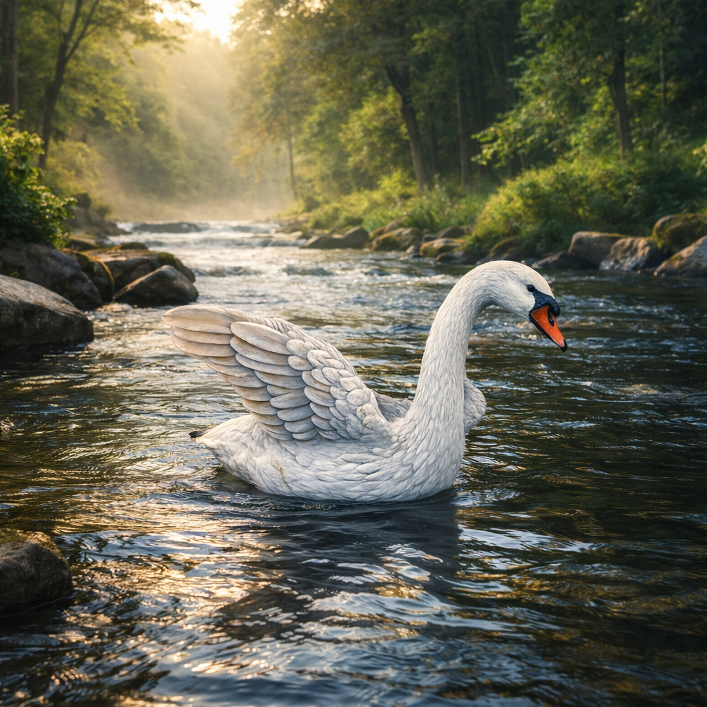 A white swan with an orange beak swims in a flowing forest stream, surrounded by rocks, green trees, and warm sunlight filtering through the foliage.