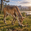 A Synthetoceras with curved horns grazing in a grassy landscape with trees, water, and a sunset sky.