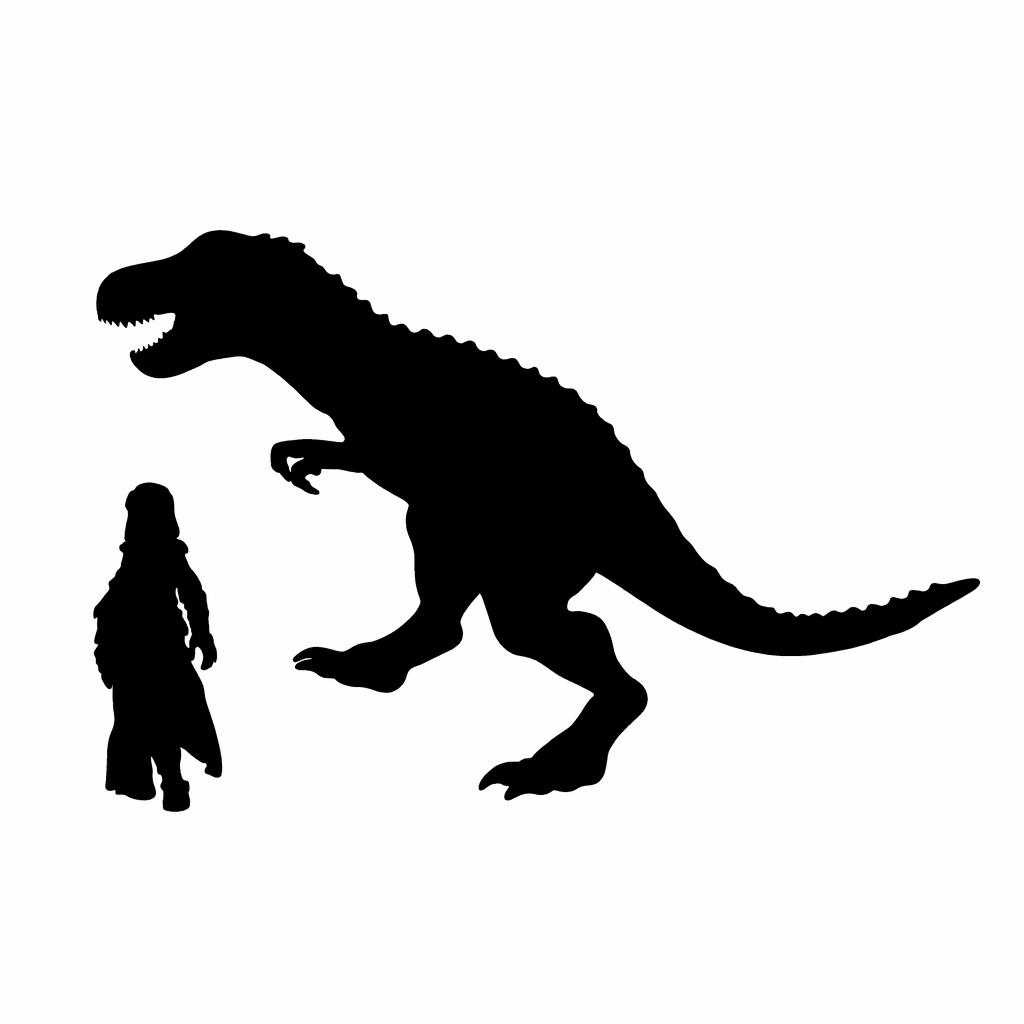 Silhouette scale comparison of Tarbosaurus to a 28mm human figure.