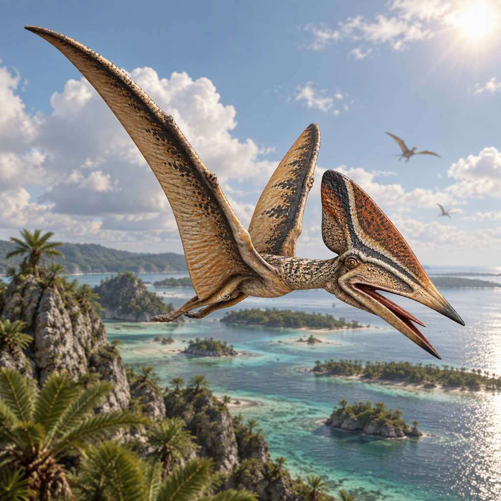 A large prehistoric Thalassodromeus with long wings and a long beak soars over a tropical island landscape with turquoise water, rocky cliffs, palm trees, and a bright sun in the sky.