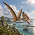 A large prehistoric Thalassodromeus with long wings and a long beak soars over a tropical island landscape with turquoise water, rocky cliffs, palm trees, and a bright sun in the sky.
