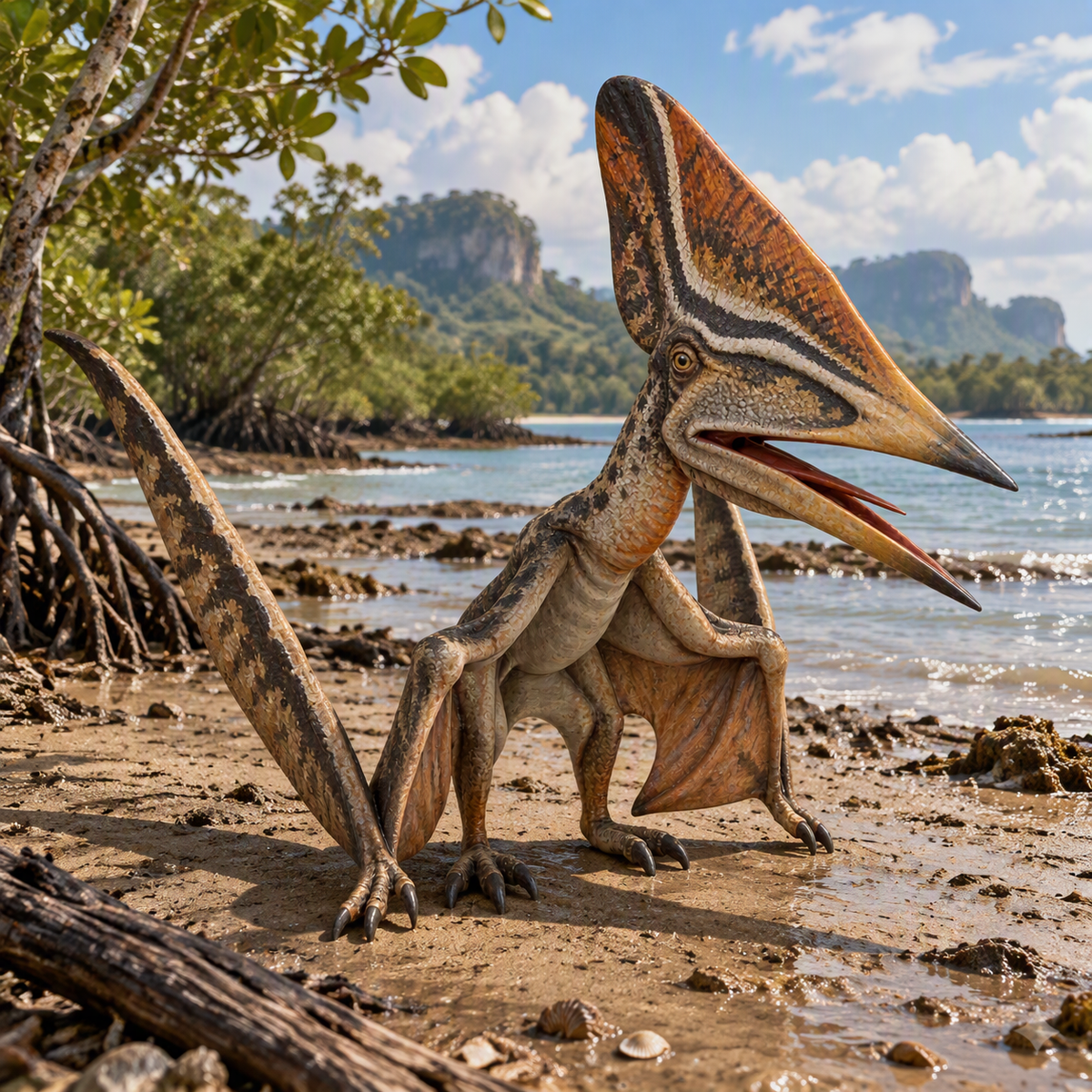 A Thalassodromeus with a large crested head stands on a sandy shoreline with water, trees, and rocky hills in the background.