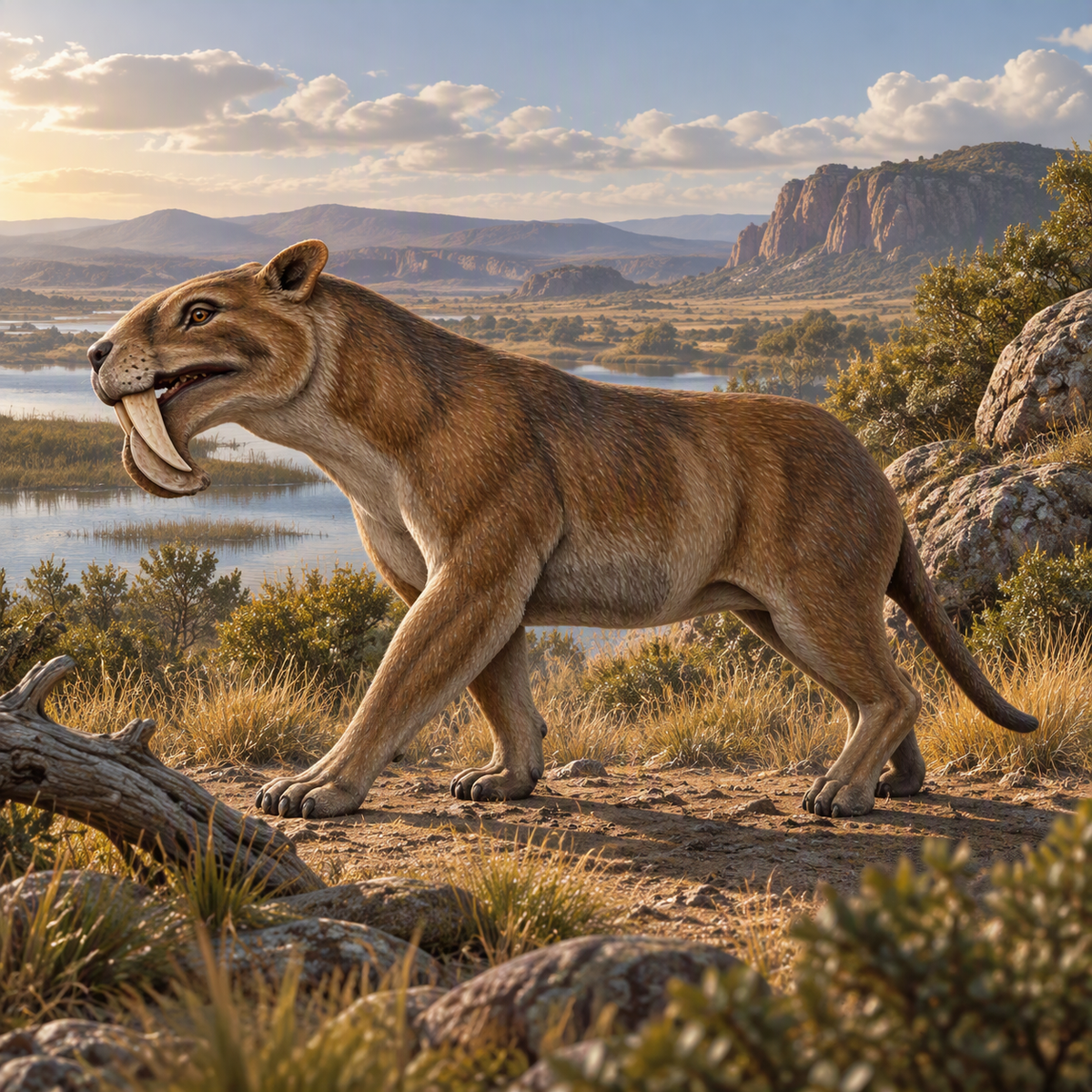 A large saber-toothed Thylacosmilus walks across a rocky, grassy landscape with water, distant mountains, and a cloudy sky.