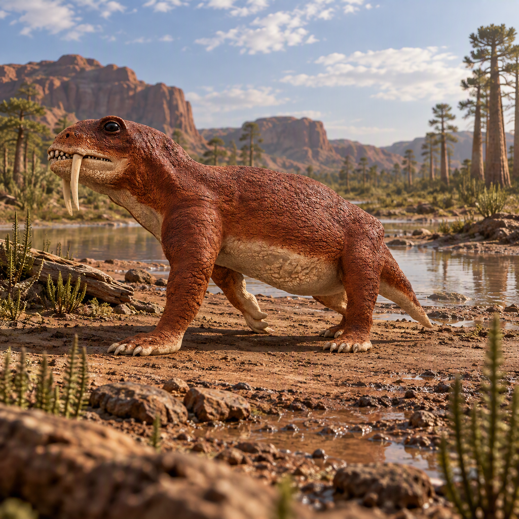 A prehistoric Tiarajudens reptile with long tusks stands on a muddy riverbank in a prehistoric landscape with rocks, water, and trees.