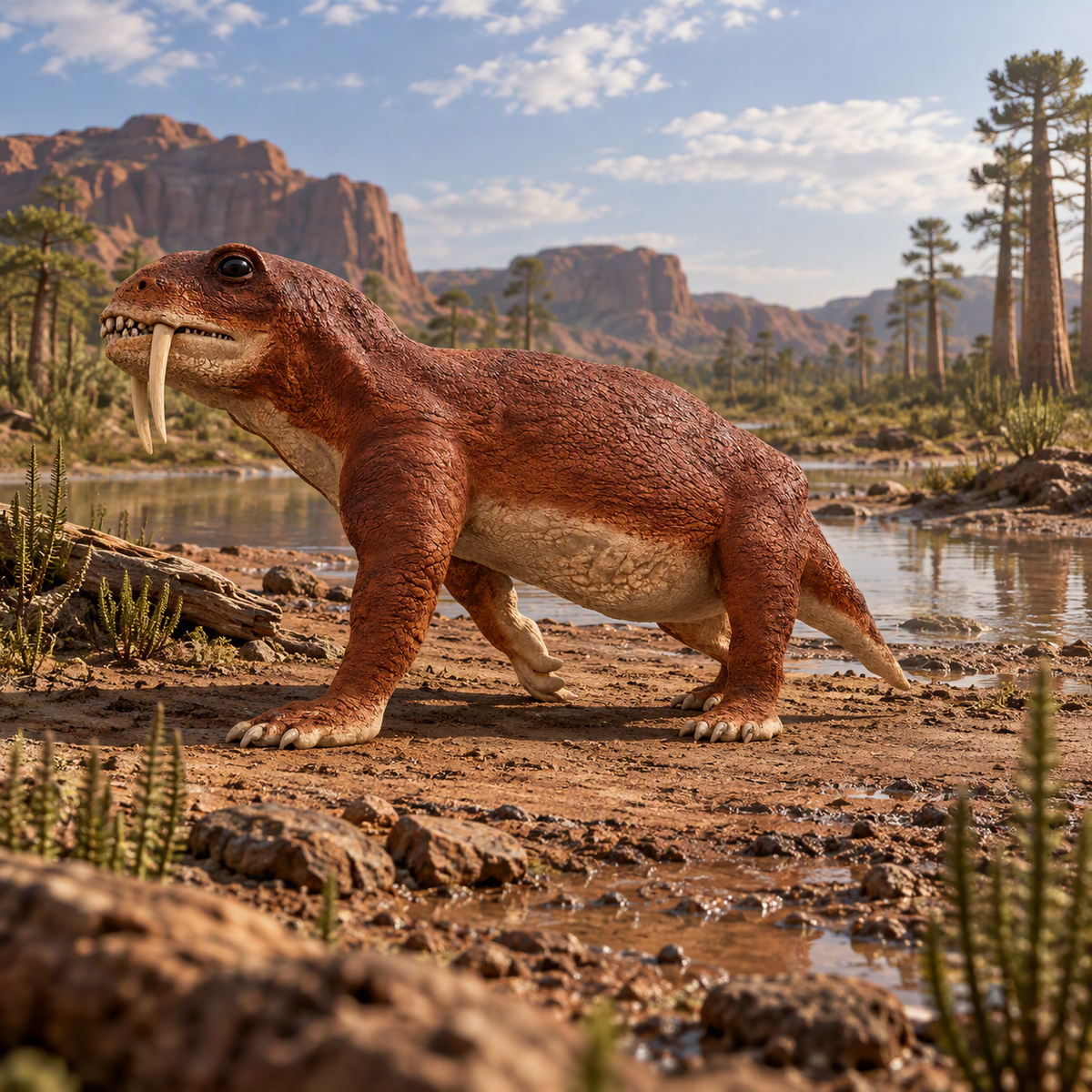 A prehistoric Tiarajudens reptile with long tusks stands on a muddy riverbank in a prehistoric landscape with rocks, water, and trees.
