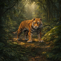 A majestic tiger standing on a forest path, surrounded by lush green jungle foliage with dappled sunlight filtering through the trees.
