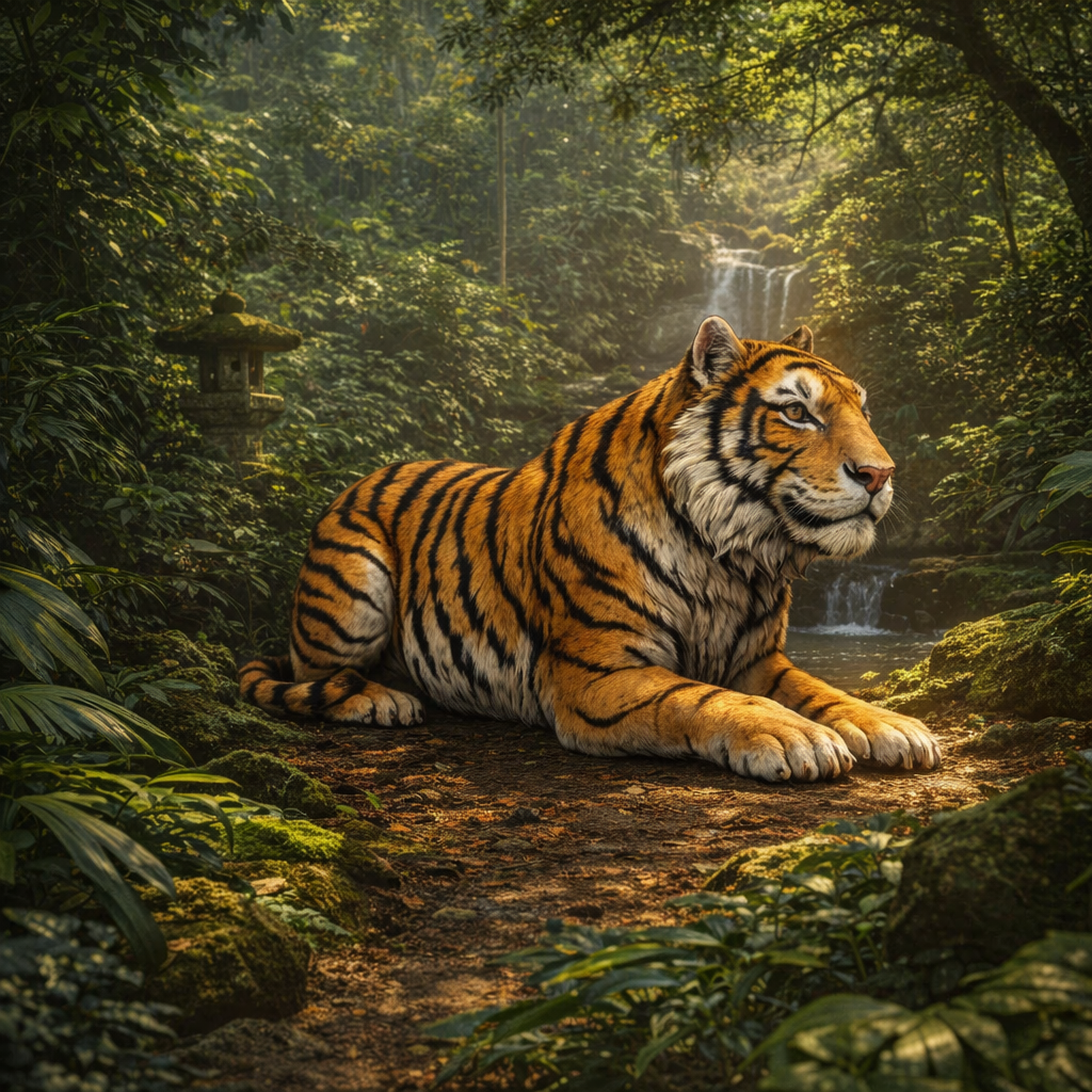 A large tiger lies on a forest path surrounded by dense green foliage, with a waterfall and sunlight in the background.