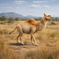 Titanotylopus standing in a grassy savanna with mountains in the background