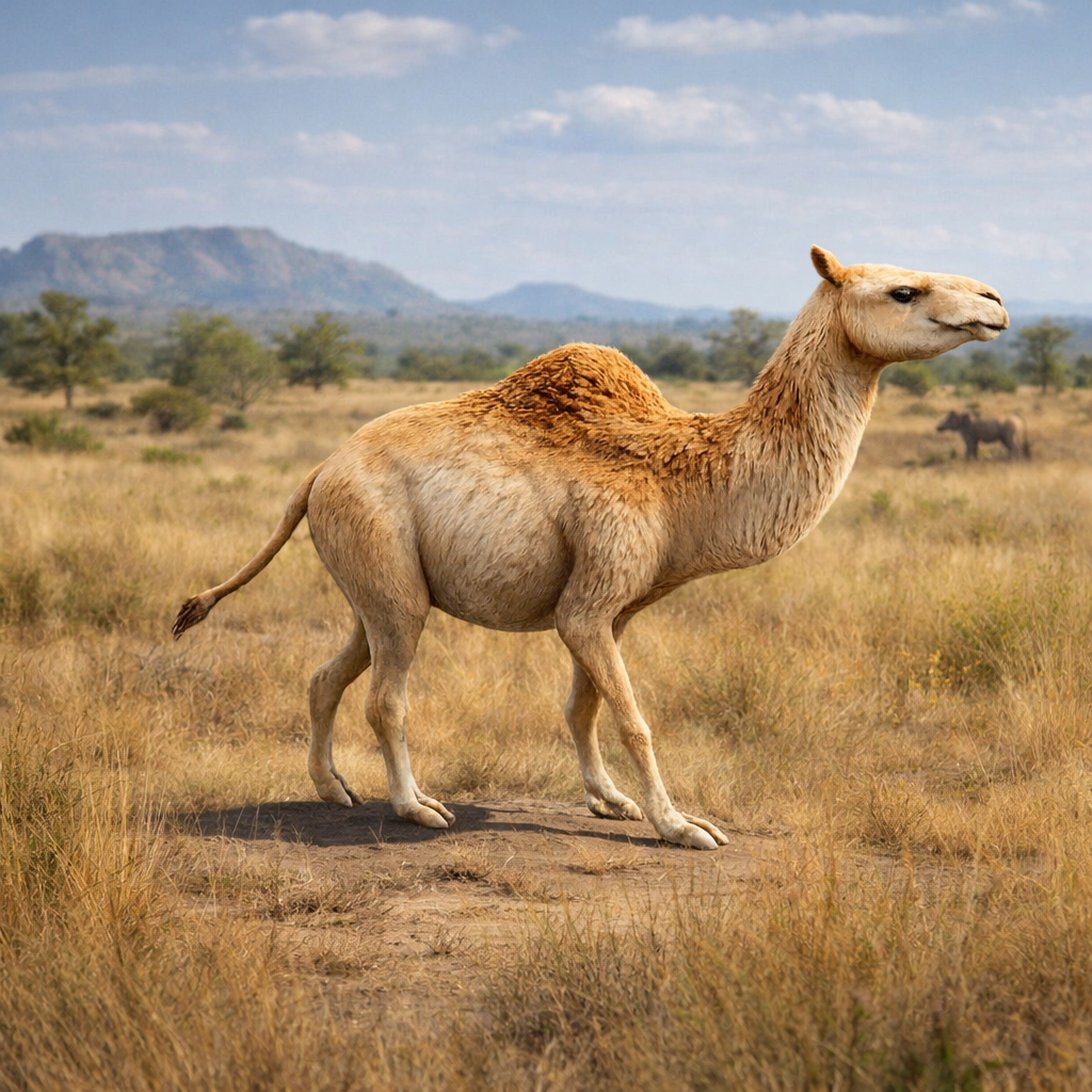 Titanotylopus standing in a grassy savanna with mountains in the background