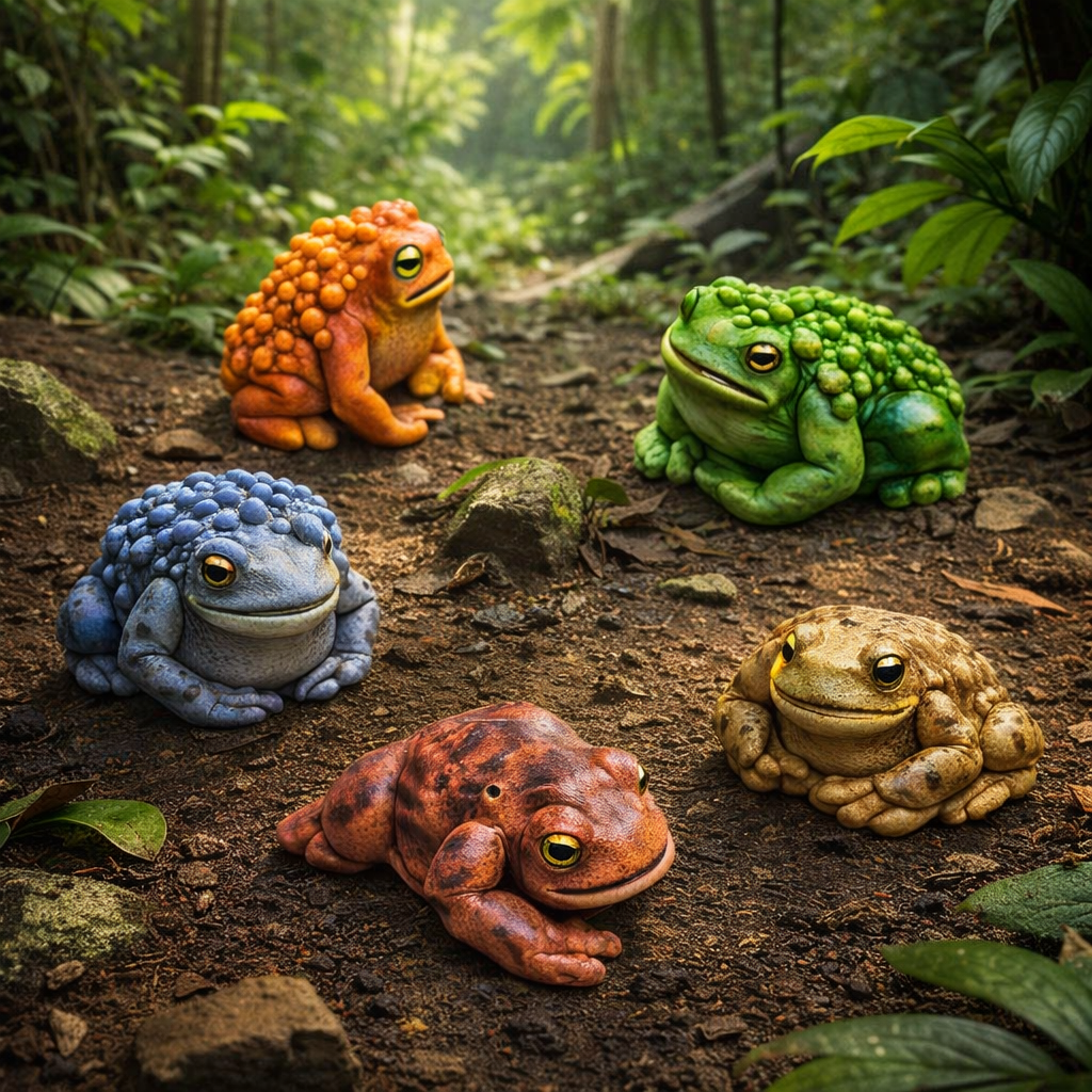 Five colorful Toads on a forest floor with greenery in the background