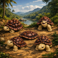 Four tortoises  and a Toirtoise shell in a tropical setting with mountains and a river in the background.