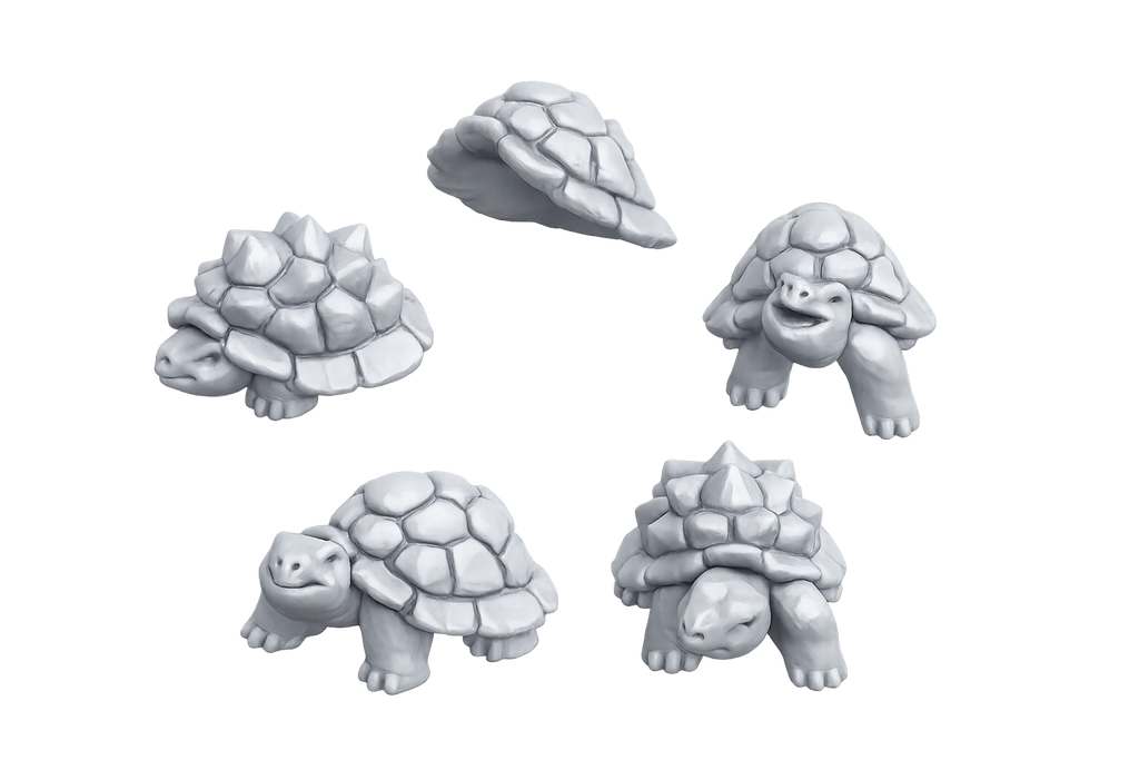 Set of Three 3D Printed Tortoises and a Tortoise shell