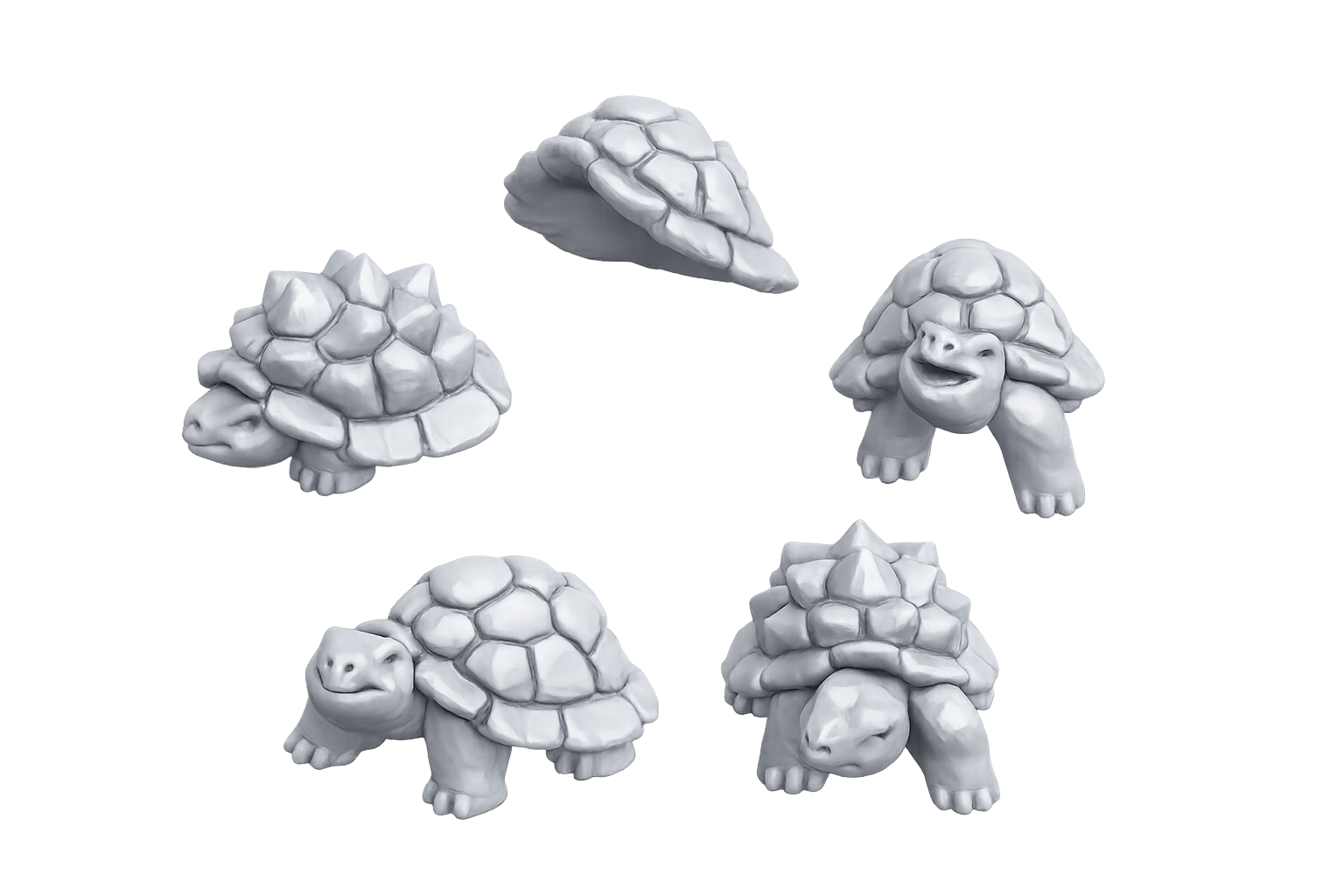 Set of Three 3D Printed Tortoises and a Tortoise shell