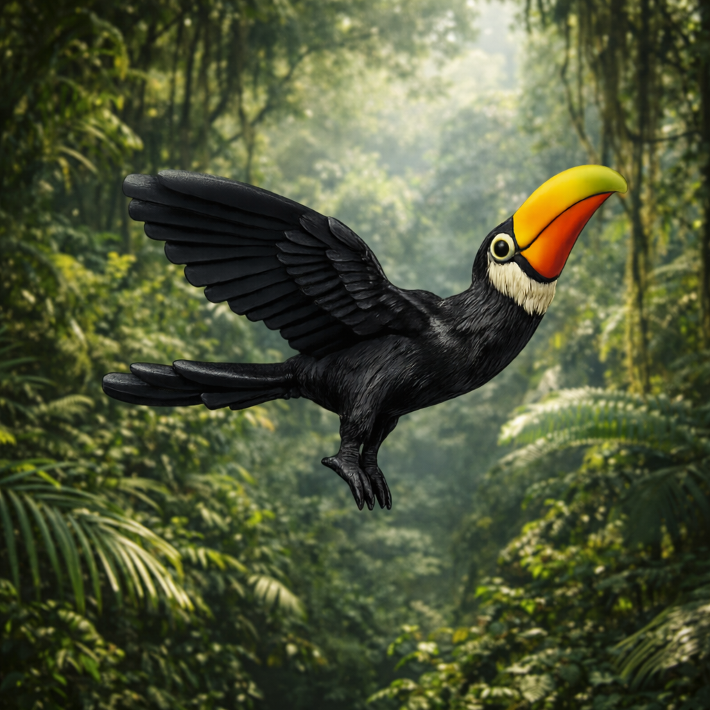 Toucan bird in flight with a lush green forest background