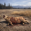 Dead Toxodon with visible flesh removal in a field with trees and mountains in the background