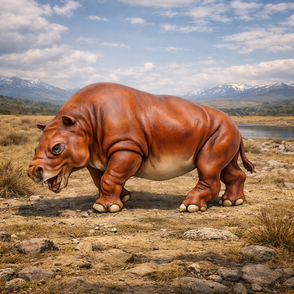 Toxodon in a natural landscape with mountains and sky.