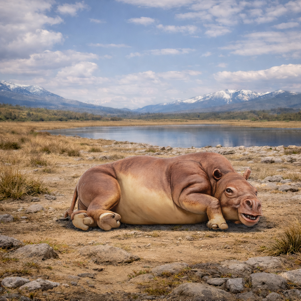 Toxodon Laying on the ground with a scenic background of mountains and a lake.