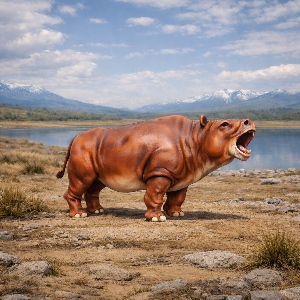 Toxodon standing on a grassy field with mountains in the background