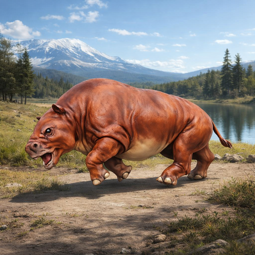 Toxodon Running in a natural landscape with mountains and trees