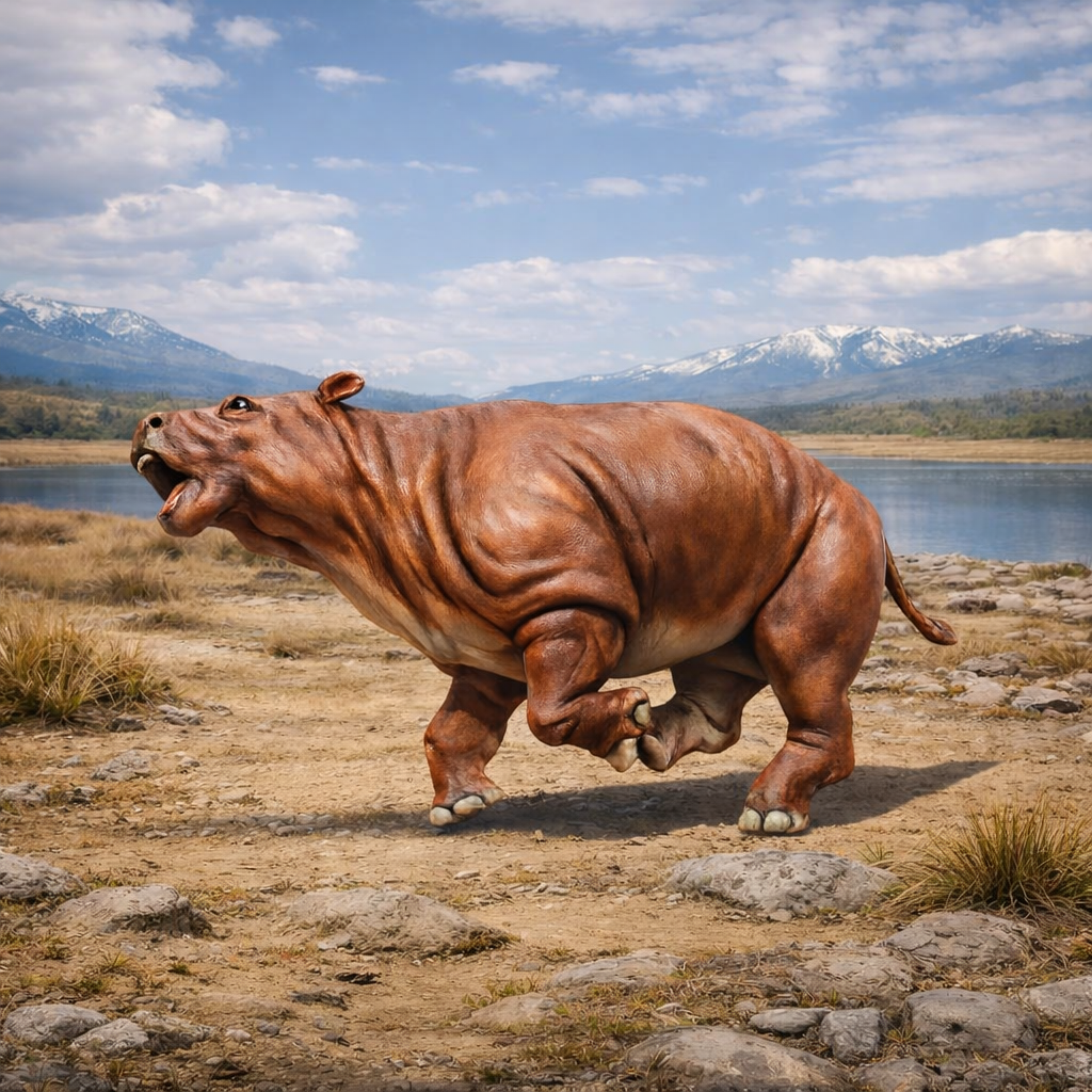 Toxodon Sprinting in a natural landscape with mountains and water in the background