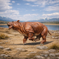 Toxodon Sprinting in a natural landscape with mountains and water in the background