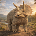 Triceratops dinosaur in a natural landscape with mountains and trees.