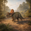 Triceratops Dinosaur standing in a prehistoric forest with trees and plants