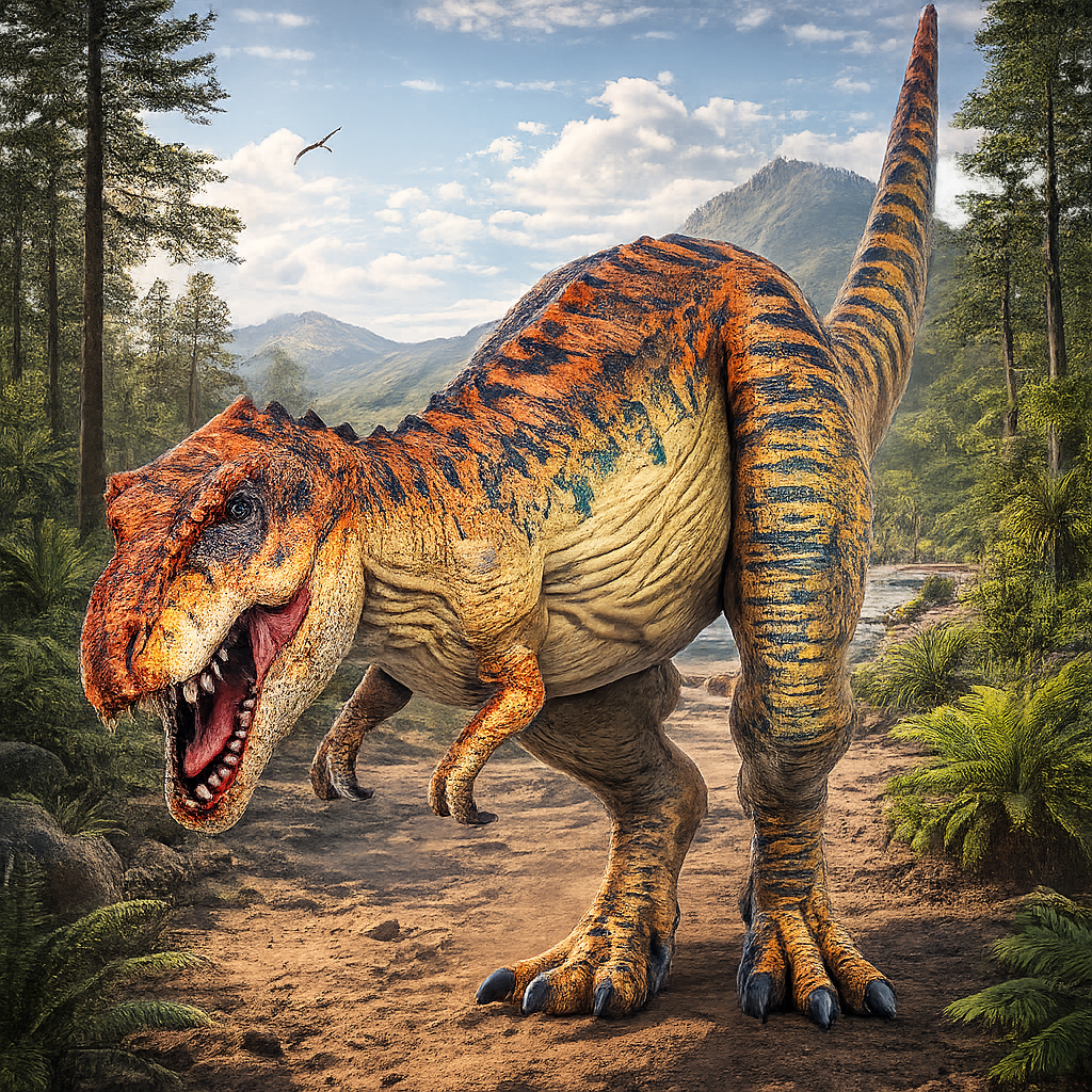 Tyrannosaurus Rex Dinosaur in a forest with mountains in the background