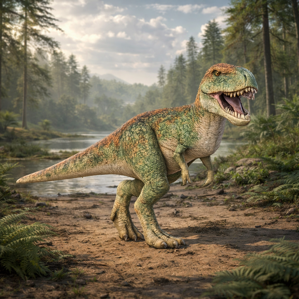 Tyrannosaurus Rex Juvenile Dinosaur standing in a forest with trees and water in the background