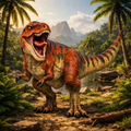 Tyrannosaurus Dinosaur in a prehistoric landscape with palm trees and mountains.