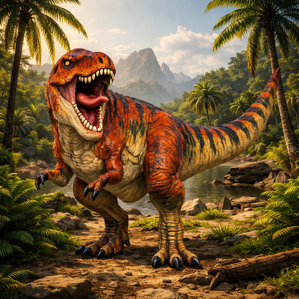 Tyrannosaurus Dinosaur in a prehistoric landscape with palm trees and mountains.