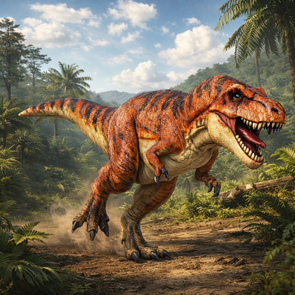 Tyrannosaurus Rex Dinosaur running through a jungle with trees and foliage in the background