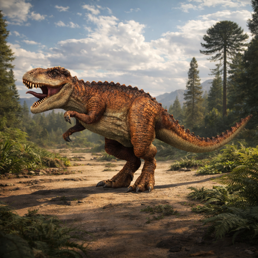 Tyrannosaurus Rex Dinosaur standing on a path with trees and mountains in the background
