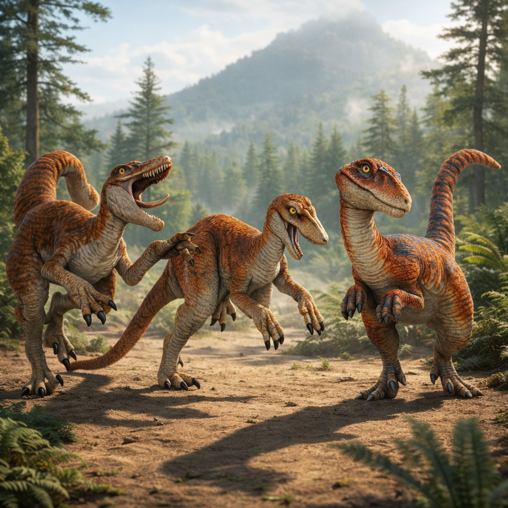 Three Utahraptor dinosaurs in a forest with mountains in the background