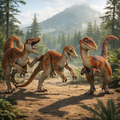 Three Utahraptor dinosaurs in a forest with mountains in the background