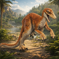 Utahraptor Dinosaur in a prehistoric landscape with trees and mountains.