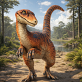 Utahraptor Dinosaur standing in a prehistoric landscape with trees and water.