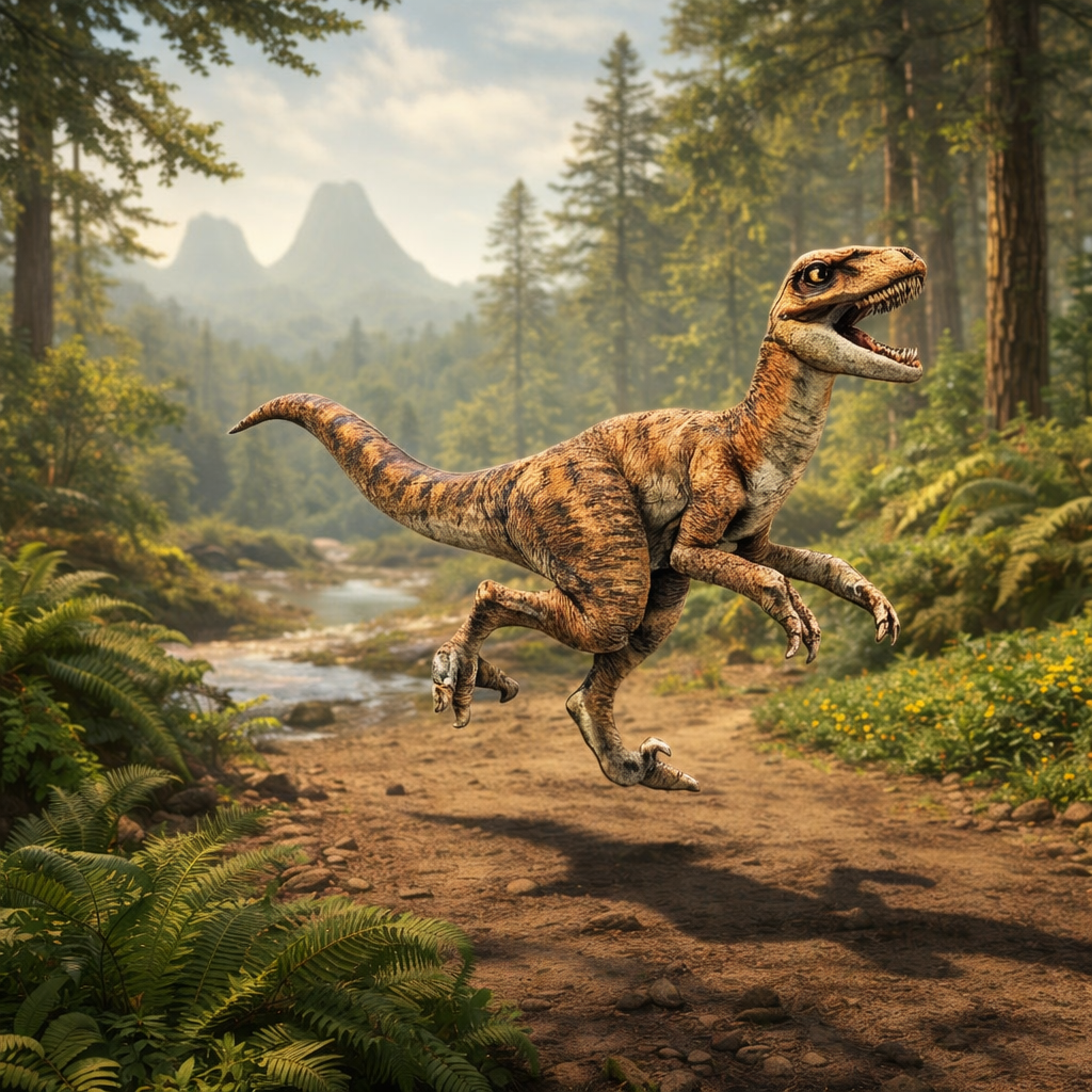 Velocirapror Dinosaur running through a forest with mountains in the background
