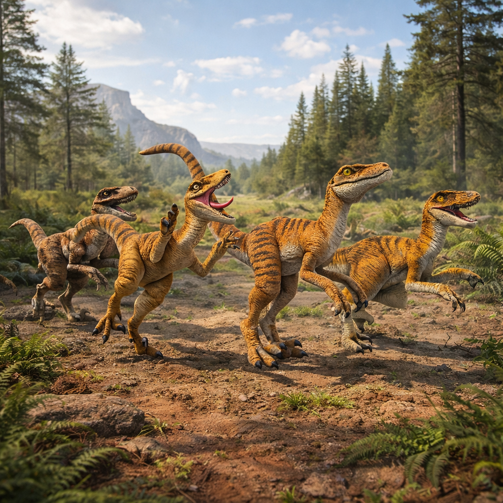 Group of four Velociraptors in a forest setting with mountains in the background
