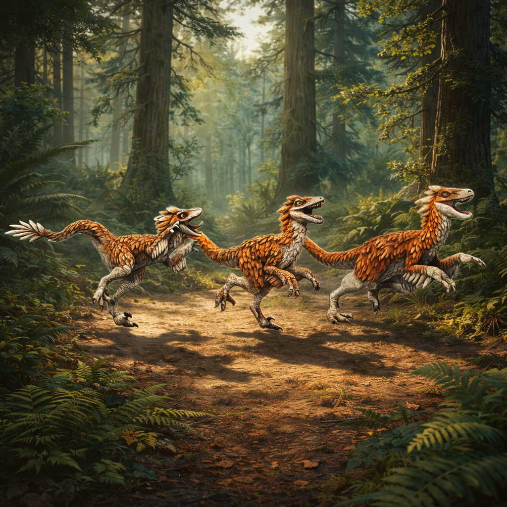 Three Velociraptor Feathered dinosaurs running through a forest