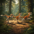 Three Velociraptor Feathered dinosaurs running through a forest