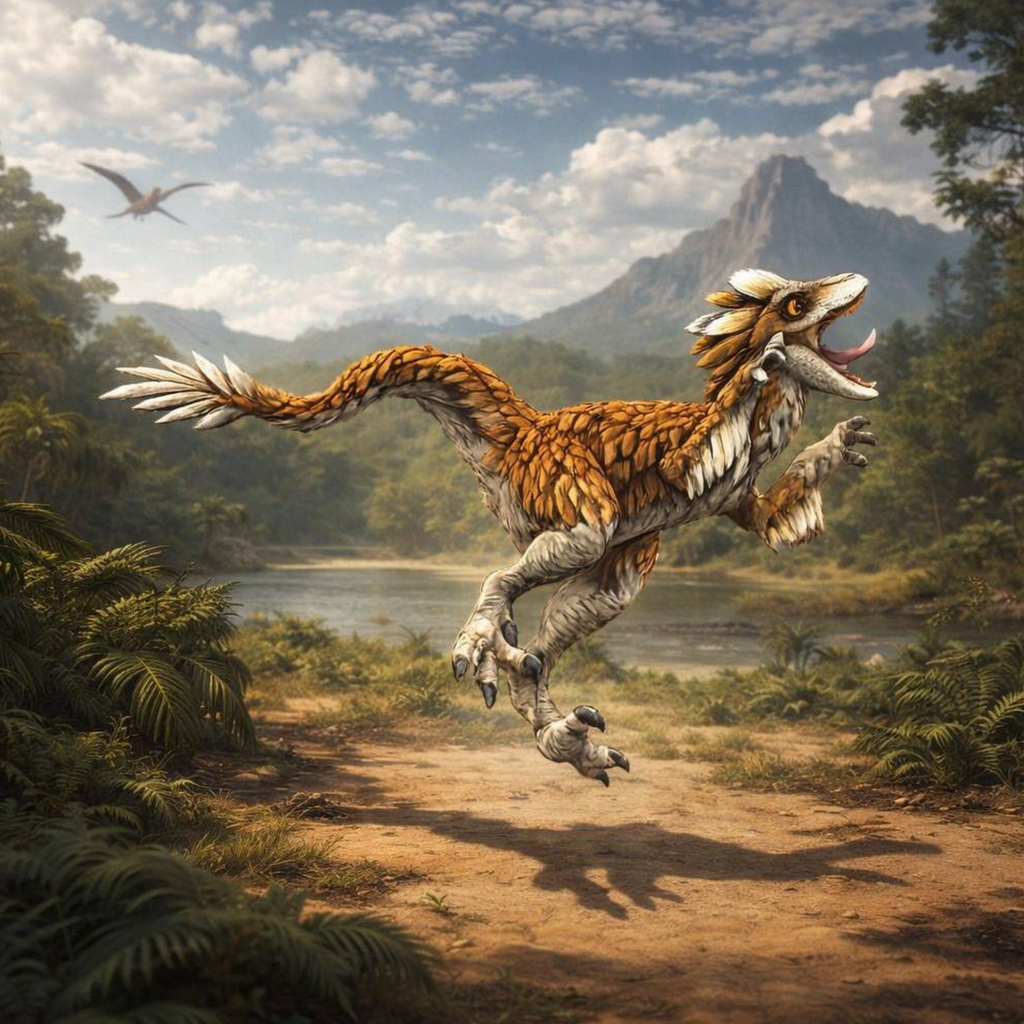 Velociraptor Feathered running through a prehistoric landscape with mountains and trees in the background.