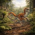 Velociraptor Feathered dinosaur running through a forest