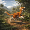Prehistoric Velociraptor Feathered dinosaur in a lush jungle setting