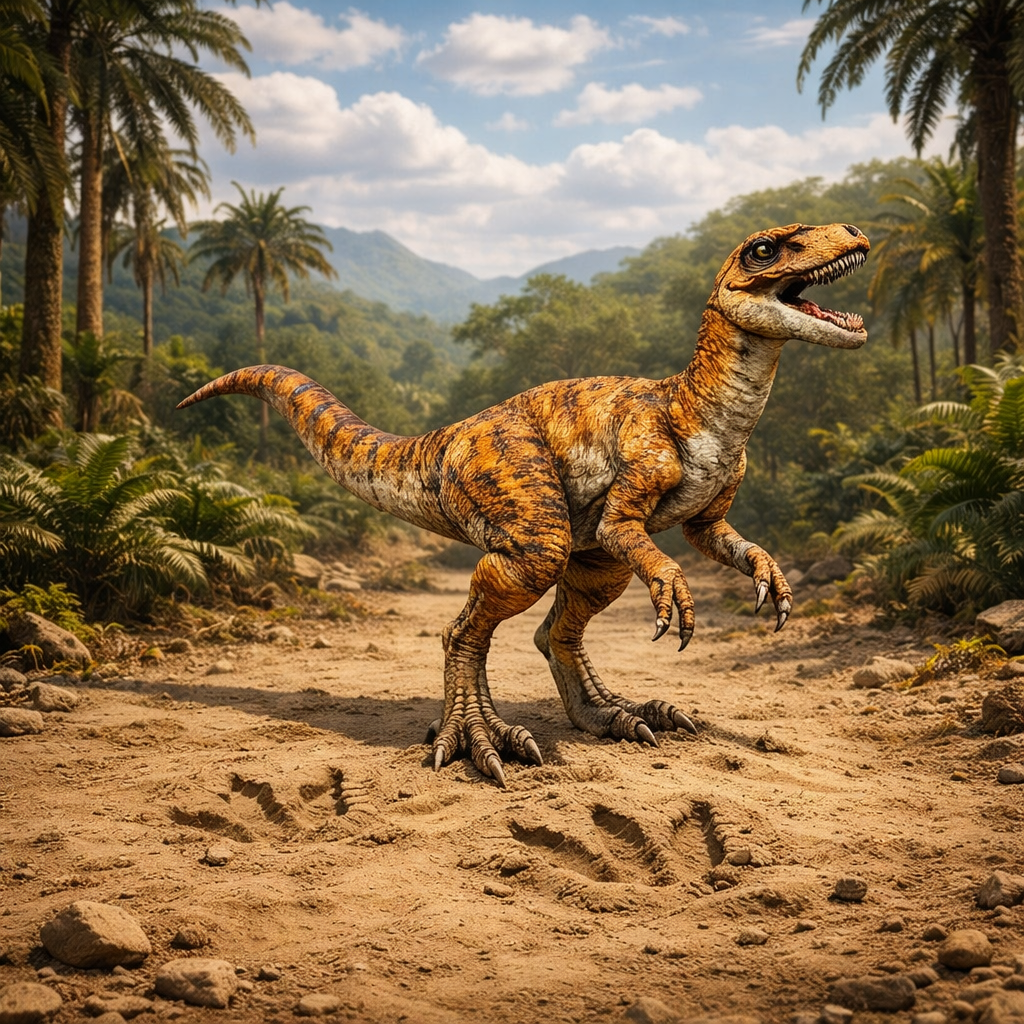 Velociraptor Running Dinosaur in a prehistoric landscape with palm trees and mountains.