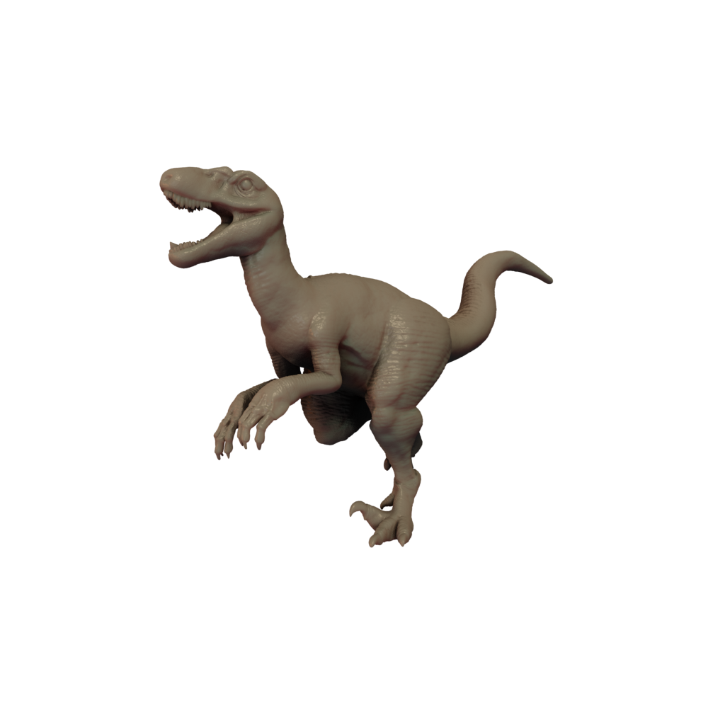 A 3D printed miniature of a Velociraptor running dinosaur figure, unpainted and without a base, positioned in a dynamic running pose against a plain background.