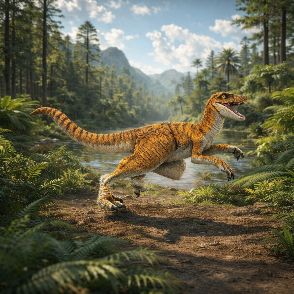 Velociraptor Dinosaur Sprinting  through a forest with mountains in the background